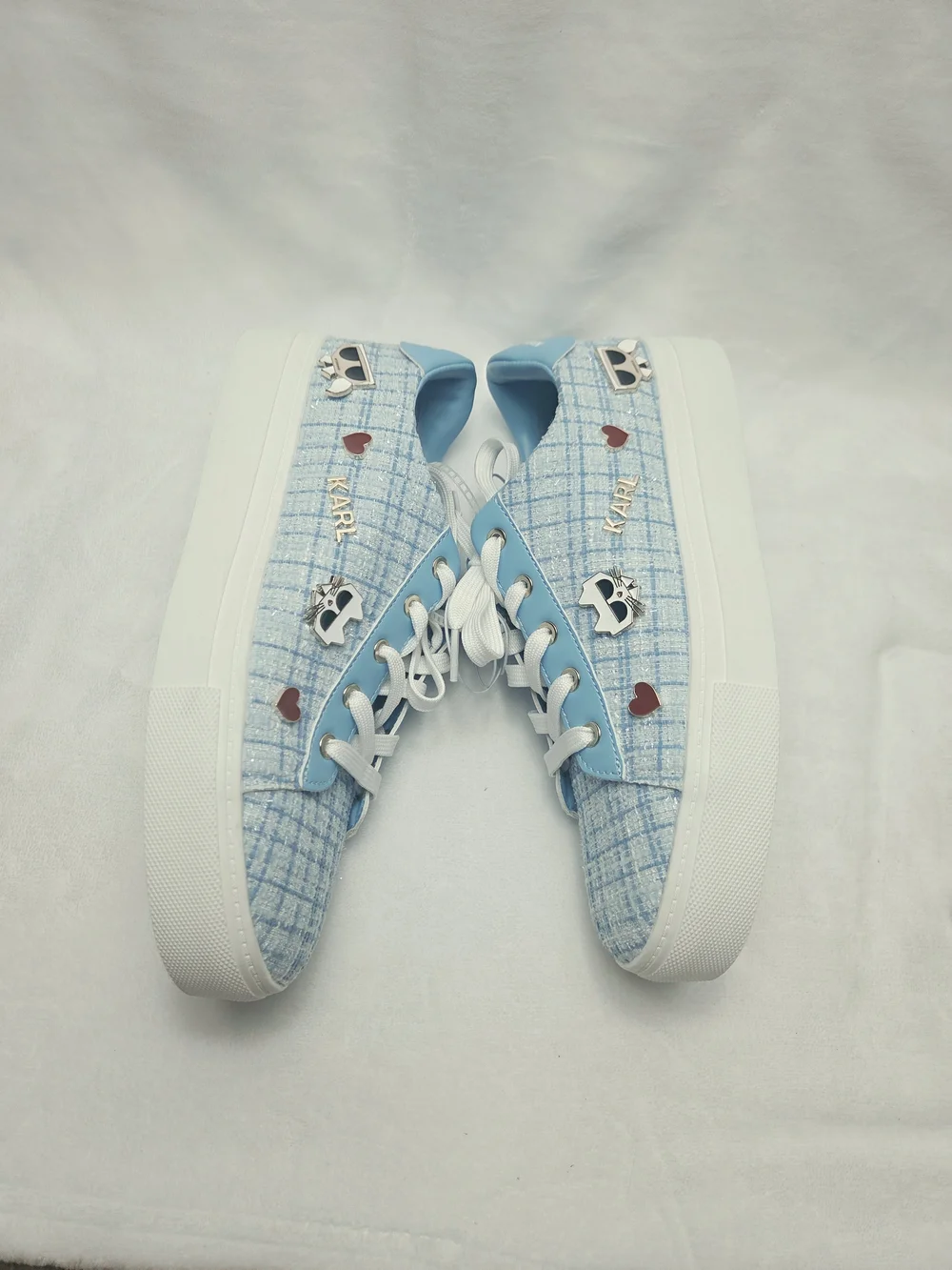 Karl Lagerfeld Light Blue Tweed Low-Top Sneakers with Charm Accents